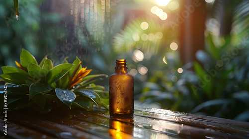 A bottle of essential oil is sitting on a table next to a plant