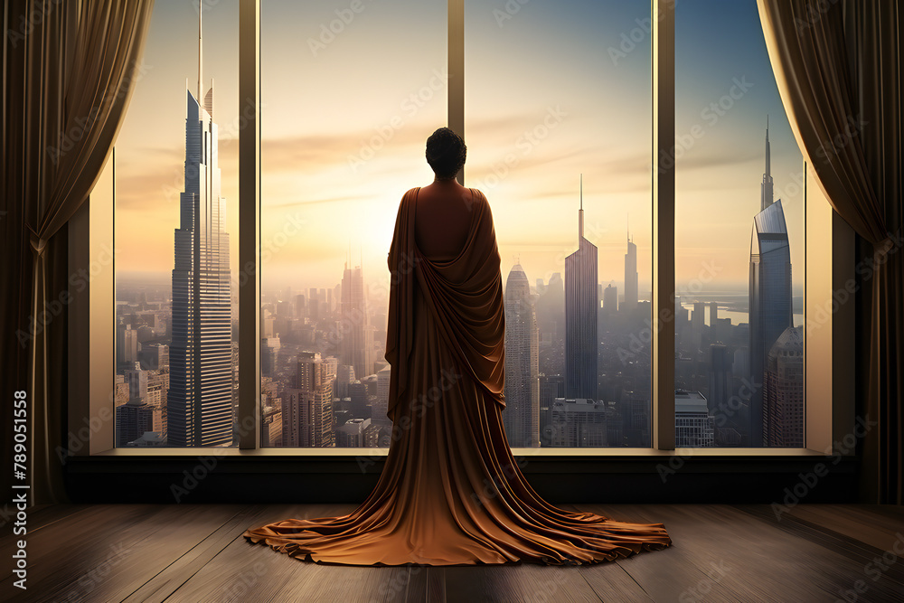 A luxurious woman in a Muslim dress with a scarf on her head looks out the window against the backdrop of a modern city,  generated by AI. 3D illustration