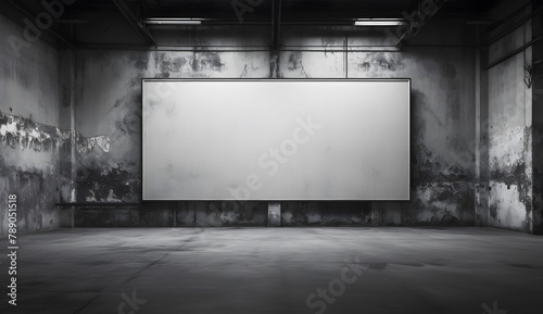 Large empty white billboard centered in a grungy warehouse room with eroded walls and industrial atmosphere photo