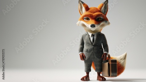 A fox is dressed in a suit and tie and holding a briefcase