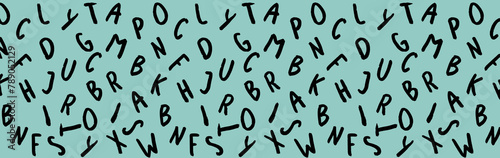 template with the image of keyboard symbols. set of letters. Surface template. pastel green blue background. Horizontal image. Banner for insertion into site.