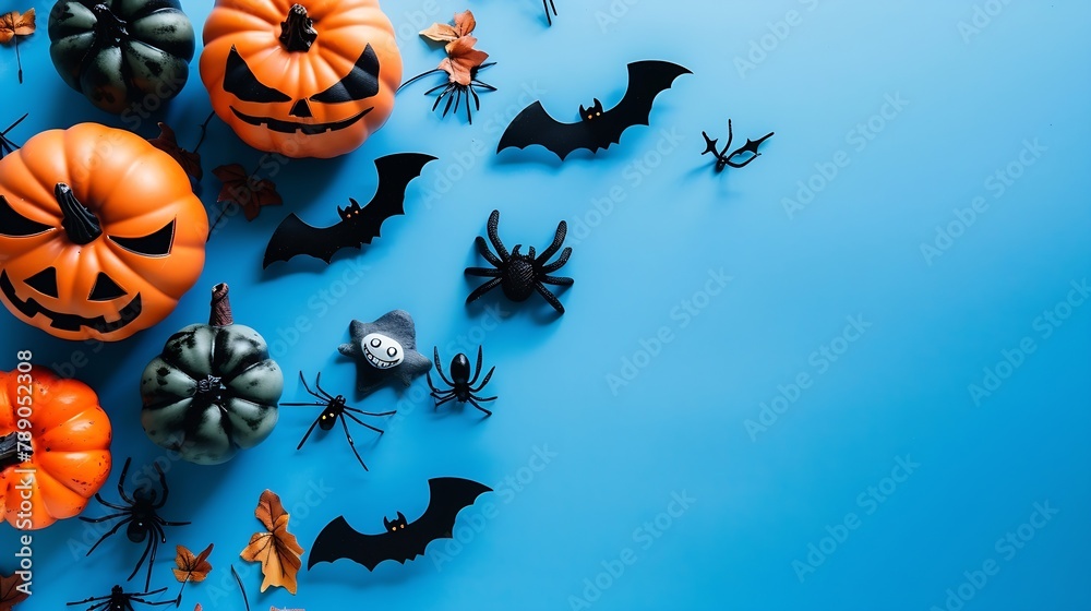 Happy Halloween holiday concept Flat lay composition with pumpkins bats ghosts spiders on blue background Top view with copy space : Generative AI Happy Halloween holiday concept Flat lay composition with pumpkins bats ghosts spiders on blue background Top view with copy space : Generative AI