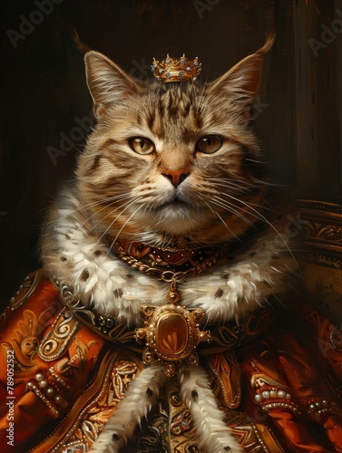 A majestic American Shorthair cat wearing an aristocratic 1910 outfit, posed elegantly within a luxurious English palace setting
