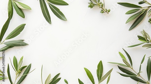 Summer stationery blank business card mockup scene Horizontal greeting card with blooming green olive tree leaves branch isolated on white table background Mediterranean flat lay top v : Generative AI