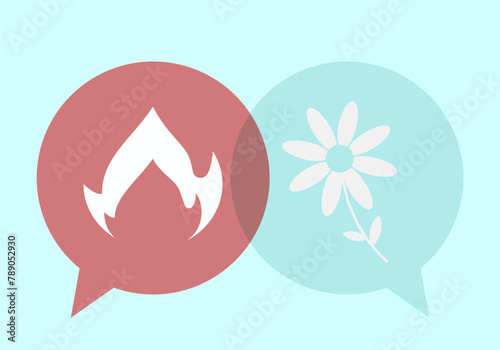 Fire and Flower speech bubble sign. Problem resolve control. Metaphor mind mental. Split personality. Concept Psychology. Dual personality mind. Mental health.