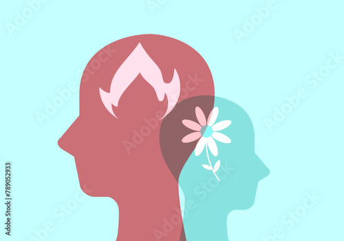Head sign with fire and flower symbol. Problem resolve control. Metaphor mind mental. Split personality. Concept Psychology. Dual personality mind. Mental health.