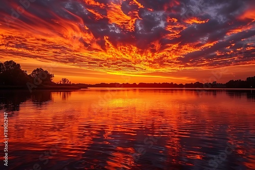 Fiery sunset over lake surface .