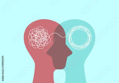 Head sign with tangle and untangle doodle symbol and connecting line. Problem resolve control. Metaphor mind mental. Split personality. Concept Psychology. Dual personality mind. Mental health.