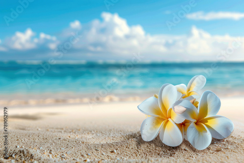 white and yellow plumeria flowers on the sand of an exotic beach