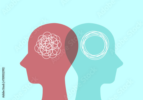 Head sign with tangle and untangle doodle symbol. Problem resolve control. Metaphor mind mental. Split personality. Concept Psychology. Dual personality mind. Mental health.
