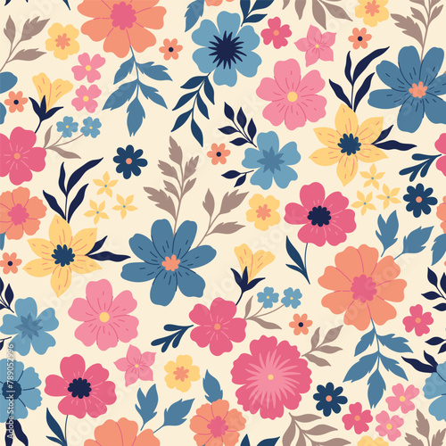 Seamless multicolored pattern with different flowers. Vector graphics. © Екатерина Зирина