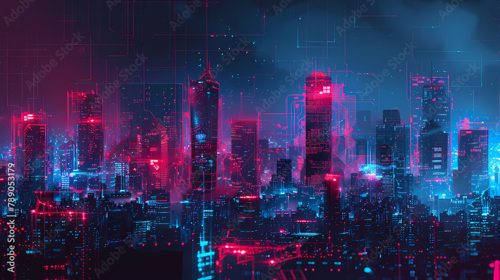 Abstract Cyberpunk City Skyline With Glitch Effect