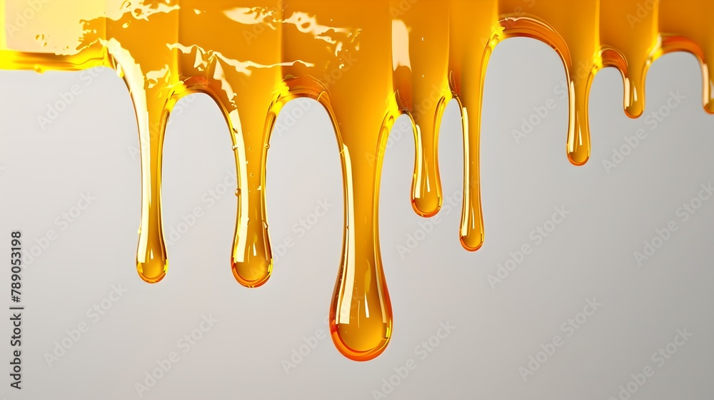 Vivid honey drips on a neutral background, showcasing viscosity and fluidity. Ideal for culinary and natural themes. High-quality, versatile image. AI
