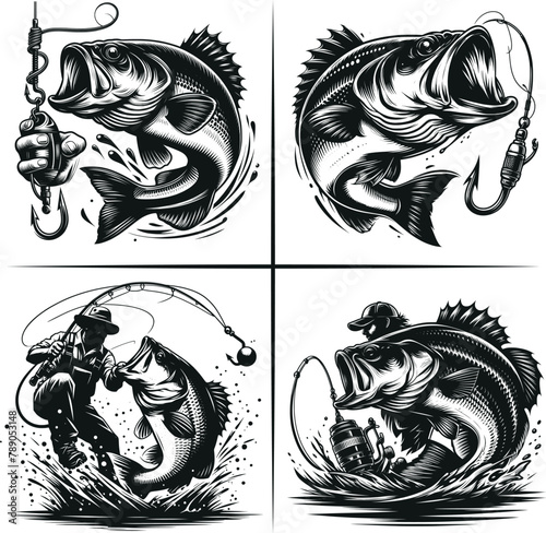 Bass fishing , Fisherman catching fish , Father's Day, fishing hooker ,Funny Fishing vector File