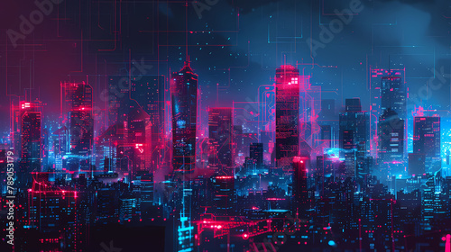 Abstract Cyberpunk City Skyline With Glitch Effect