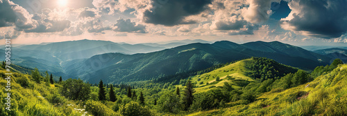 Panoramic view of the mountains. Beautiful summer landscape.