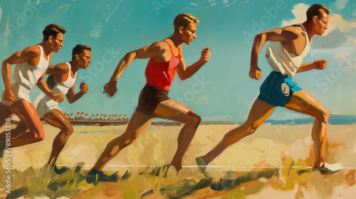Edward Hooper style athletic scene with men running in the sun. The painting depicting men running on an athletics track, movement, dynamism, sport, action. photo