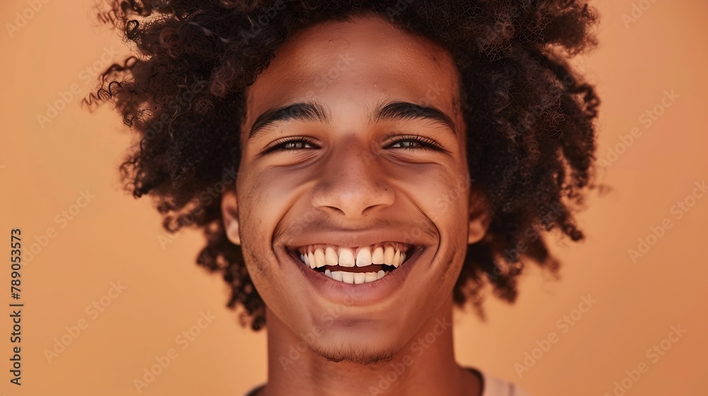 Happy cheerful young African American gen z guy isolated on beige background Smiling funny ethnic teen student cool curly generation z teenager laughing with white perfect teeth close : Generative AI Happy cheerful young African American gen z guy isolated on beige background Smiling funny ethnic teen student cool curly generation z teenager laughing with white perfect teeth close : Generative AI