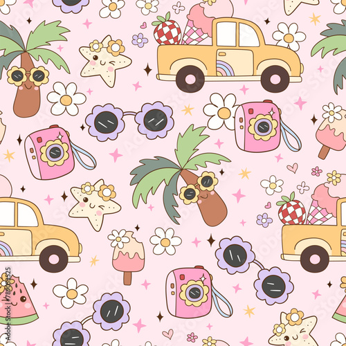 Draw seamless pattern groovy summer Retro beach Printable digital paper