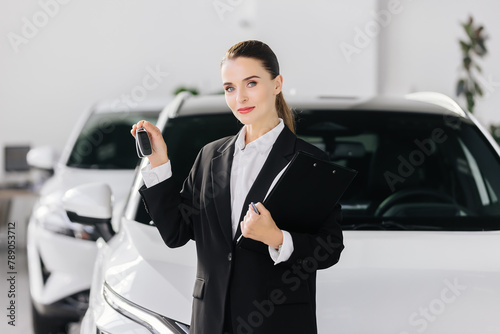 Close-up of the completion of a deal to purchase a new car at a car dealership. The car dealer and the buyer who bought the car. The manager hands over the key to the new owner at the car dealership.
