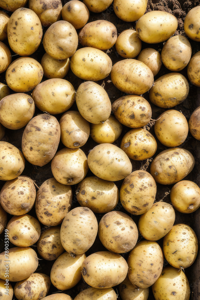 Top down view of many organic, freshly dug potatoes. Agricultural background texture Top down view of many organic, freshly dug potatoes. Agricultural background texture