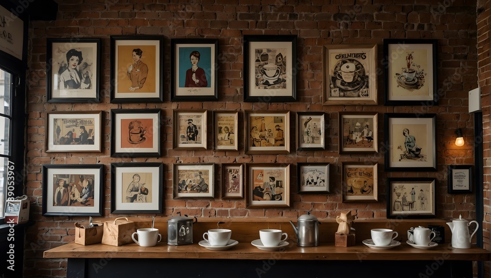 A boutique café's brick wall, embellished with local artists' paintings and vintage, framed coffee advertisements Generative AI