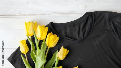 Black tshirt mockup Template blank shirt top view White wooden background Mother women day holiday Yellow tulips Woman tshirt with birthday bouquet flowers Spring look Female accessori : Generative AI photo