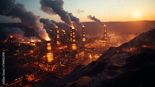 Industrial Landscape with Coal Piles and Machinery. Environmental Impact Concept.  Coal Mining Operation with Heavy Machinery. Coal Industry Concept photo