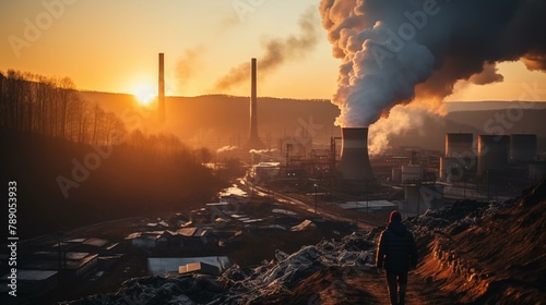 Industrial Landscape with Coal Piles and Machinery. Environmental Impact Concept.  Coal Mining Operation with Heavy Machinery. Coal Industry Concept photo