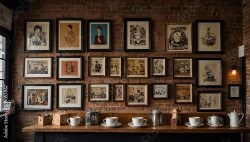 A boutique café's brick wall, embellished with local artists' paintings and vintage, framed coffee advertisements Generative AI