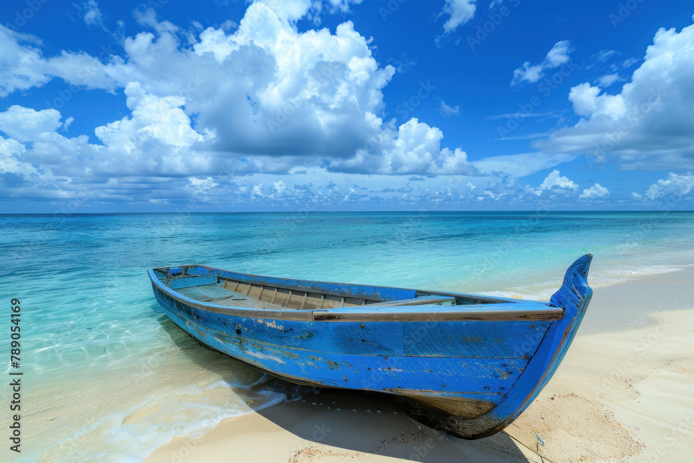 blue wooden boat on the sandy beach of an island. tropical sea, clear sky with white clouds. sunny day