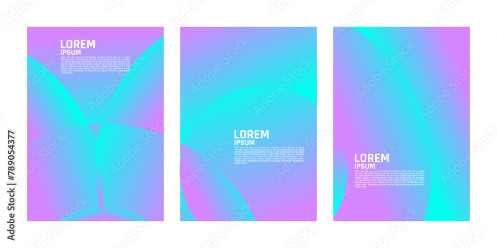 Three panels with blue and purple gradient backgrounds and white text.