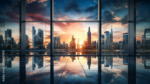 Office building glass and city skyline  indoors  room  modern office  city view  window glass