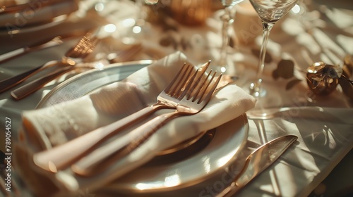 Holiday table setting with Linen napkins and rose gold cutlery Close up : Generative AI photo