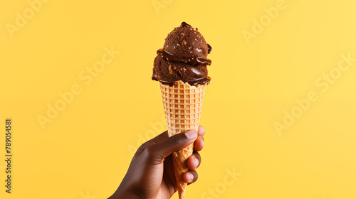 Hand holding chocolate ice cream cone on yellow background