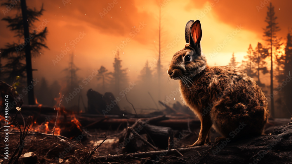 Rabbit on a background of burning forest. Danger of forest fires for ...