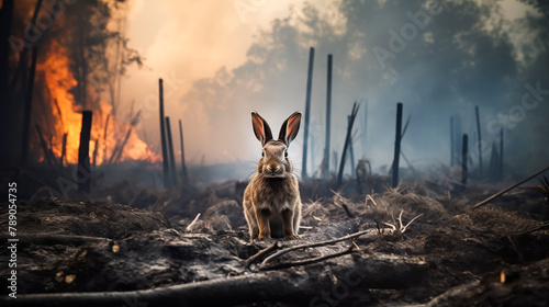 Rabbit on a background of burning forest. Danger of forest fires for wild animals, Environmental awareness and conservation efforts, Climate change