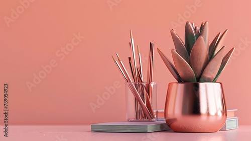 Office supplies in rose gold color with crassula houseplant : Generative AI photo