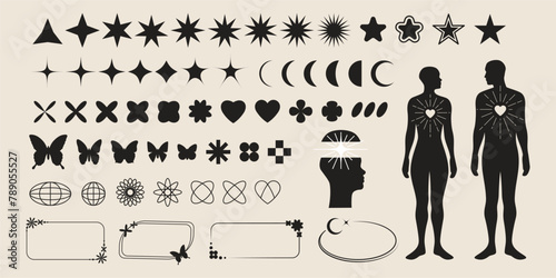 Aesthetic shapes. Y2k elements. Black silhouette icons. Abstract sparkle star. Retro frame. Trendy line arch. Flat design. Couple bodies. Love heart. Hipster graphic logo. Vector minimal symbols set