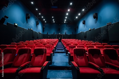 Empty movie theater with red seats .