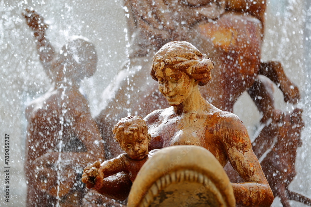 Close-up on details of Artemis fountain (or Diana fountain, dated from 1906) located on Piazza Archimede (Archimede square) in Ortigia Island, Syracuse, Sicily, Italy