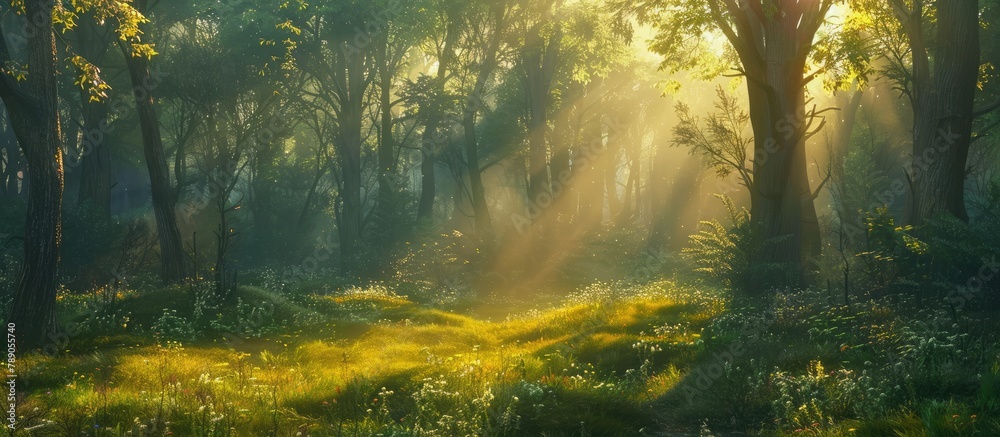 Obraz premium Forest bathed in sunlight in the early morning