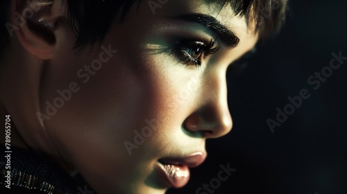 Beautiful female face closeup on a black backgroundWoman with a short haircut and dark hairRetro style makeup Advertising concept for decorative cosmetics : Generative AI