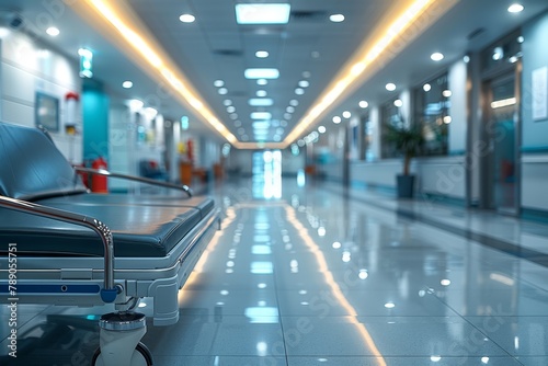 This image showcases a modern hospital corridor with reflective floor and a medical stretcher, symbolizing advanced healthcare services photo