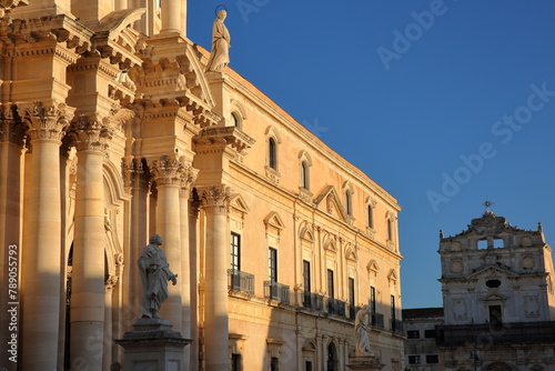 The sunset at Piazza del Duomo (Duomo Square), with the Duomo Cathedral, Ortigia Island, Syracuse, Sicily, Italy photo