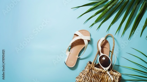 Stylish rattan bag coconut birkenstocks palm branches sunglasses on blue background Banner Top view with copy space Trendy bamboo bag and white shoes Summer fashion flat lay : Generative AI photo