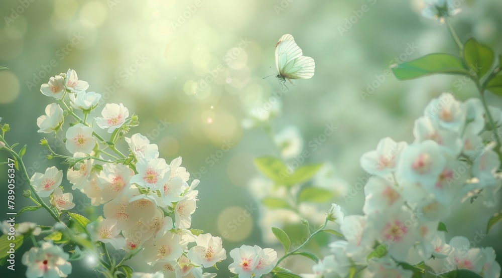 A serene springtime scene with delicate white blooms and gentle butterflies, creating a dreamy, pastel-toned backdrop, evoking the fresh, hopeful essence of spring