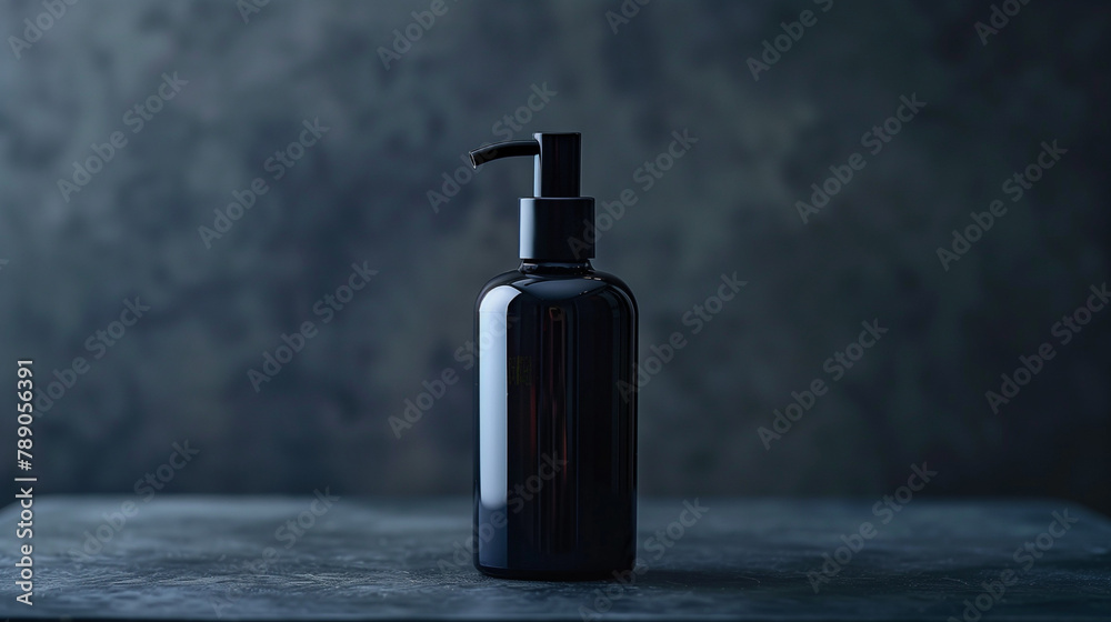 A black bottle of lotion sits on a table A black bottle of lotion sits on a table
