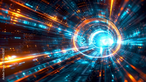 Futuristic digital data tunnel with bright light effect. Abstract cyber technology concept. Vibrant colorful travel through a sci-fi wormhole. High-speed internet visualization. AI