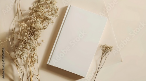 White book blank cover mockup on a beige background with dry flower flat lay mockup : Generative AI